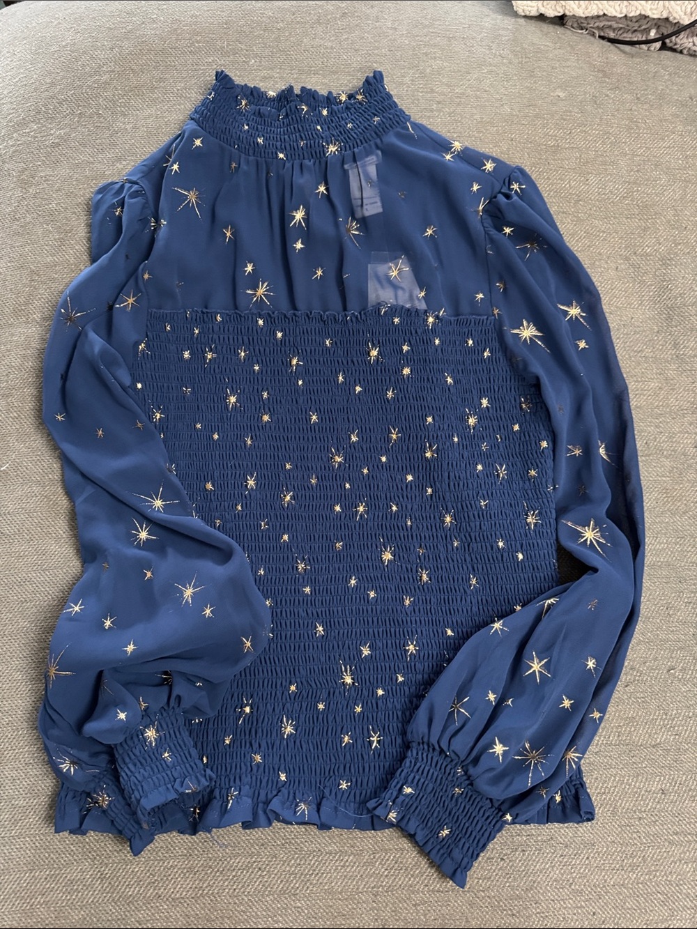 Her Universe Navy Long-Sleeve Smocked Blouse with Gold Star Print
